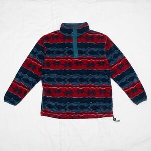 Vintage LL Bean Snap T Fleece Pullover Gecko Lizard Fish Print M/L Synchilla